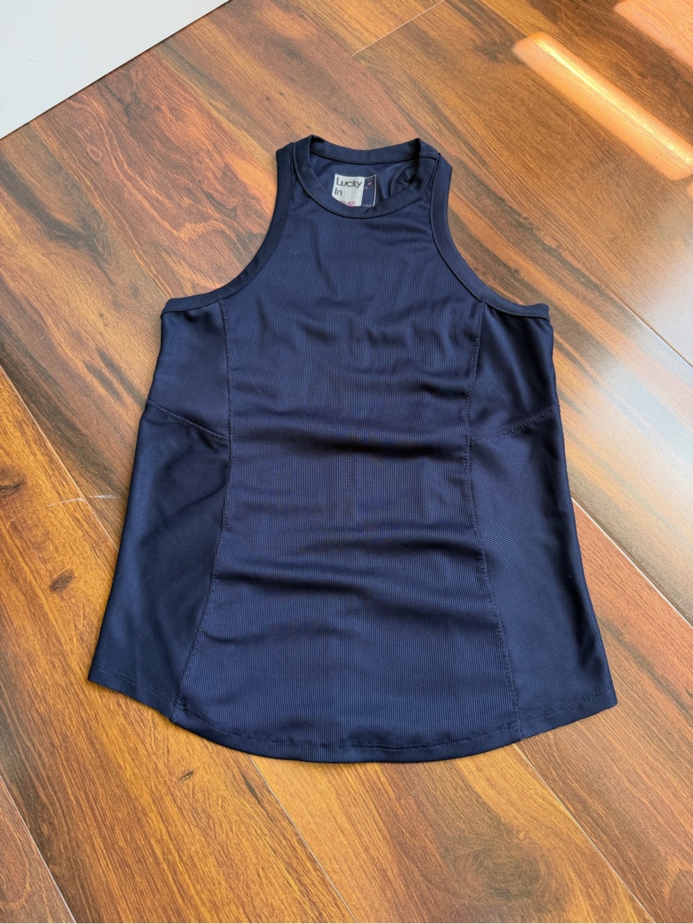 Lucky in Love Racerback High Neck Ribbed Lightweight Tank Top Navy M